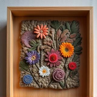 Shadow box frame protecting an intricate textile art piece